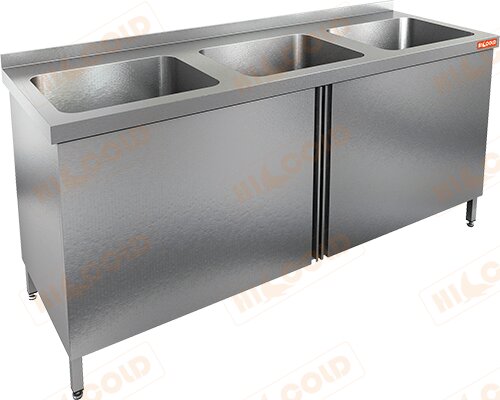 Стол нержавеющий с распашными дверцами и моечными ваннами HICOLD НСЗ3М-17/6Б для предприятий общественного питания